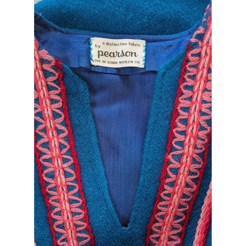 1960s colorful tunic, vintage wool mini‎ dress vibrant turquoise wool embroidery - Picture 9 of 10